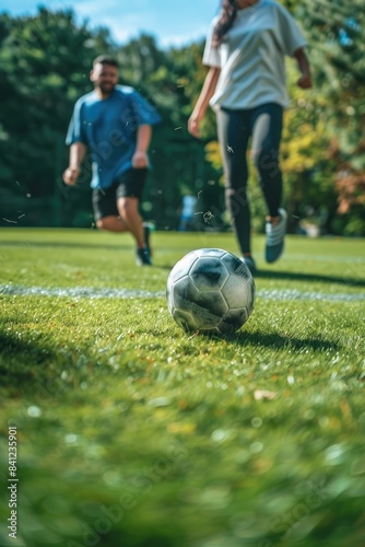 Two individuals engaging in recreational soccer activity outdoors