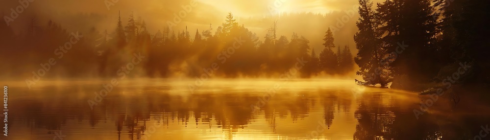 a serene lake surrounded by tall trees, with a small boat peacefully cruising on the calm waters