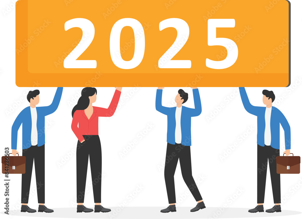 Office colleagues, business team people walking together holding word 2025. Teamwork, partnership concept. Team working together to win business success, cooperation or collaboration. flat vector
Office colleagues, business team people walking together holding word 2025. Teamwork, partnership concept. Team working together to win business success, cooperation or collaboration. flat vector