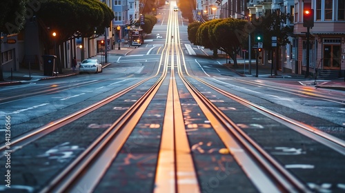Low angle twilight view of an empty road with cable car tracks leading up a steep hill at famous California Street at dawn San Francisco California USA : Generative AI