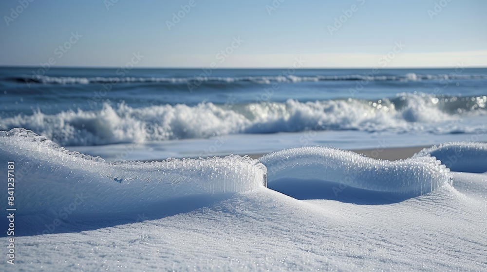 A snowy beach transformed into a crystalline wonderland with the addition of frozen waves. A snowy beach transformed into a crystalline wonderland with the addition of frozen waves.