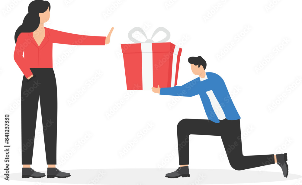 Young female character rejects feelings. Cartoon man gives the girl big gift. Unrequited, one-sided or rejected love. Aggressive woman says no to her fan.Banner in trendy style. Flat vector illustrati