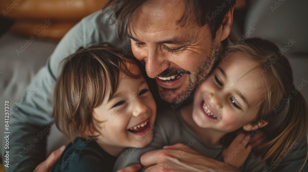 A happy moment of a man embracing two young girls, conveying warmth and affection A happy moment of a man embracing two young girls, conveying warmth and affection