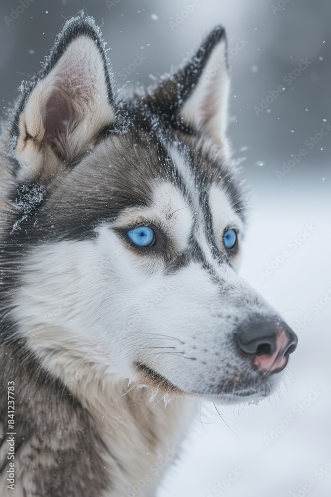 verical portrait of a siberian husky dog with a blue eye is standing in the snow with blurred background verical portrait of a siberian husky dog with a blue eye is standing in the snow with blurred background