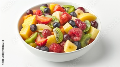 A bowl of fresh fruit salad with a variety of colorful fruits  glistening with a hint of citrus glaze  set on a white background. 