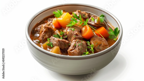 A bowl of hearty beef stew with tender chunks of meat and vegetables, simmered to perfection and presented on a white background.