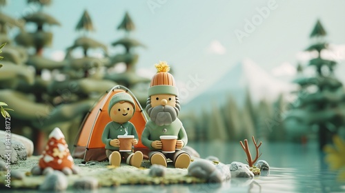 Peaceful camping scene with two adorable characters sitting by a lake with mountains and trees in the background. 3D Illustration. photo