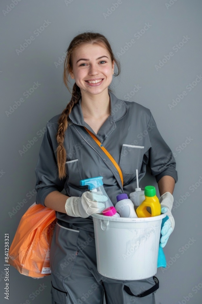 A woman holding a bucket filled with various cleaning products A woman holding a bucket filled with various cleaning products