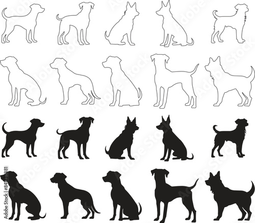 Set of flat Dogs icons with editable stock. Animal signs. Dogs breeds, veterinary, dog standing, pet sitting logos inspiration. Dogs show, competition, pet store, guide dogs on transparent background.