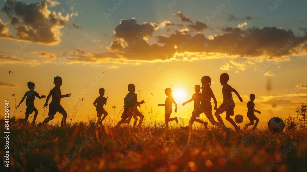 A group of kids having fun playing soccer in an open field A group of kids having fun playing soccer in an open field