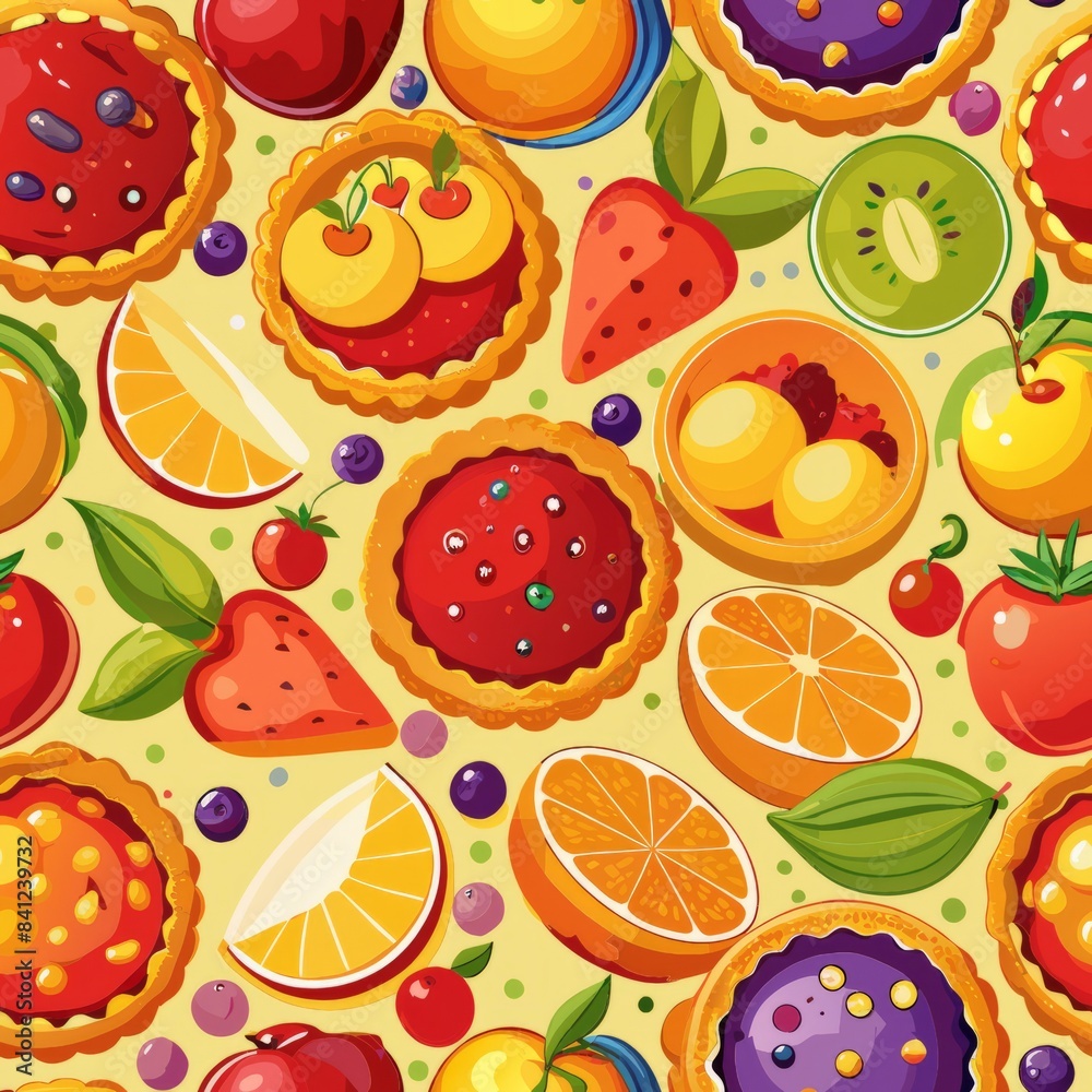 Seamless pattern of fruit tarts, fruit pies, and fruit pastries, showcasing the beauty of fresh produce in dessert form, Generative AI Seamless pattern of fruit tarts, fruit pies, and fruit pastries, showcasing the beauty of fresh produce in dessert form, Generative AI