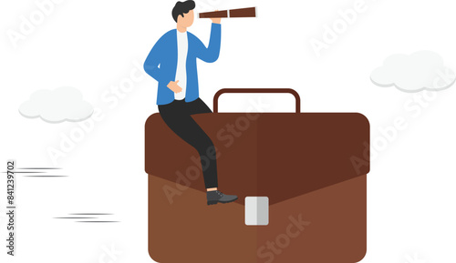 Confident businessman rides on large briefcase. Change of job, new contract. Employment, new stage on the career ladder.

