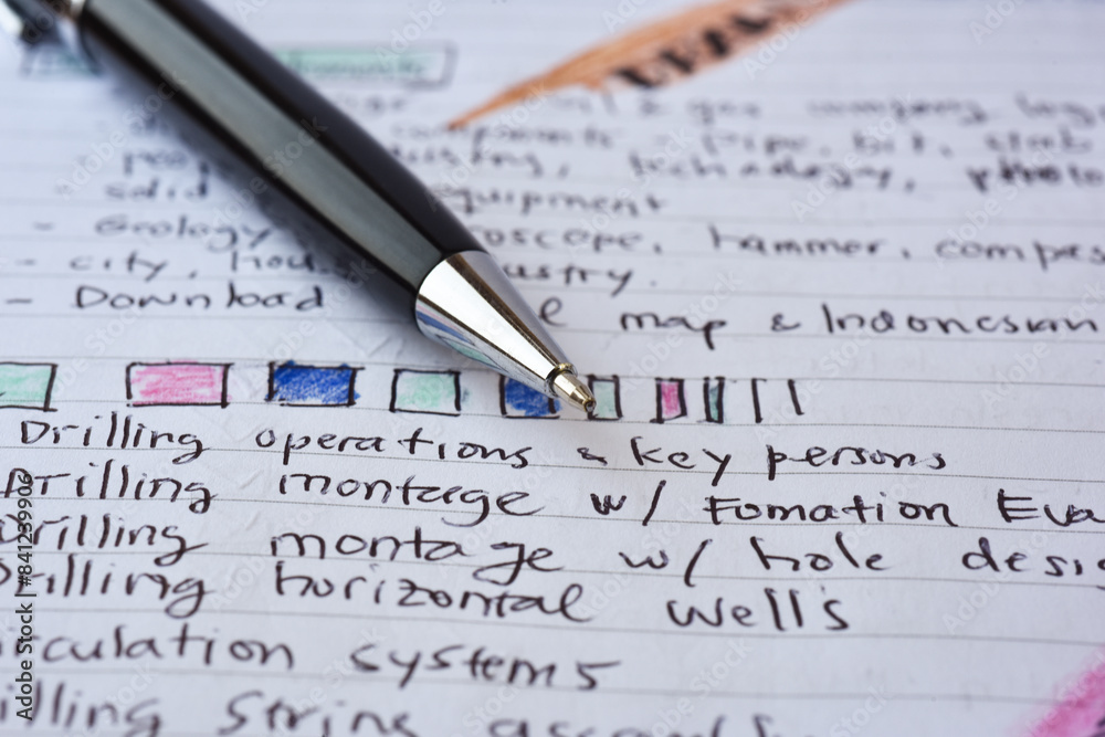Close up black pen on note book with miscellaneous manual hand writing, highlight, sketch, coloring, binder Close up black pen on note book with miscellaneous manual hand writing, highlight, sketch, coloring, binder