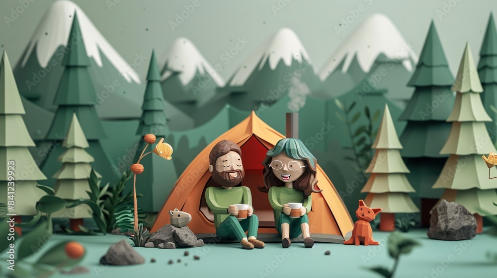 Fototapeta premium Whimsical illustration of a couple camping in a forest with mountains in the background, featuring a tent and a small fox. 3D Illustration.