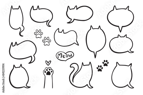 Speech bubble in the shape cat. Empty cute speech bubble with cat ears and tail. Set linear vector