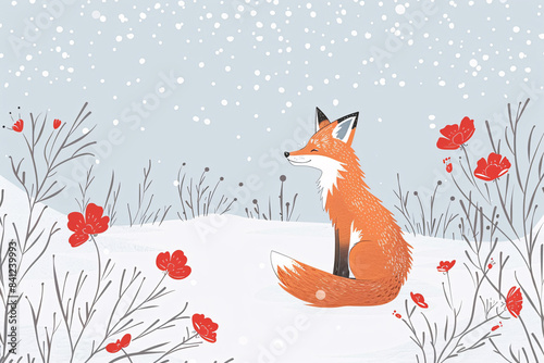 a fox sitting in the snow photo
