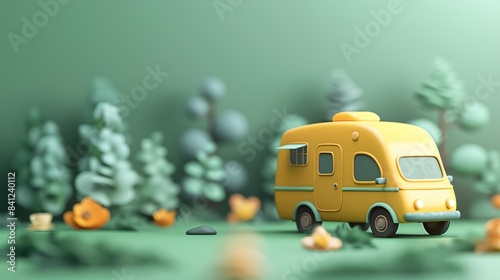 Whimsical miniature yellow caravan in a playful, serene forest setting with trees and flowers in the background. 3D Illustration.