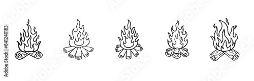 Doodle campfire for camp set. outline fire camping, hand drawn campfire for outdoor activities