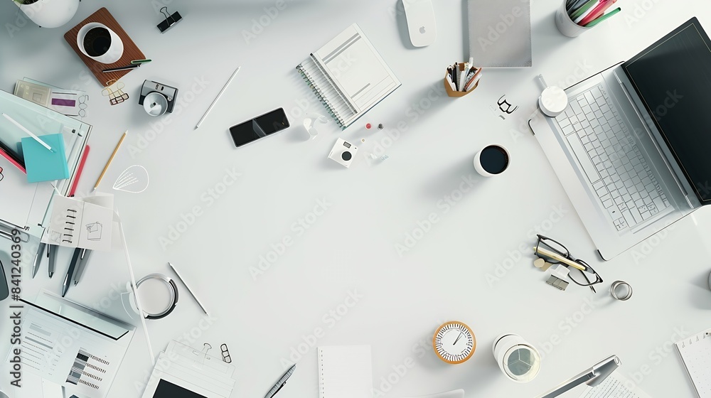 top view of White office desk table with a lot of things on it : Generative AI top view of White office desk table with a lot of things on it : Generative AI
