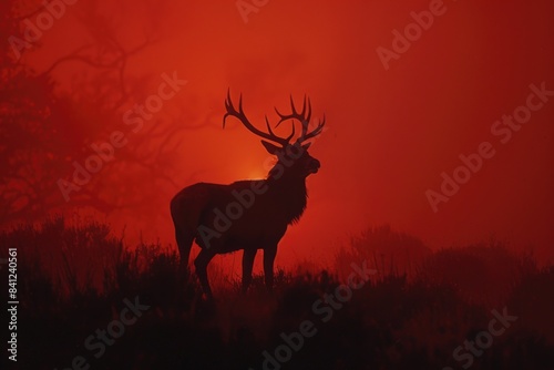 A deer stands in a green field during sunset, with a warm orange and pink sky