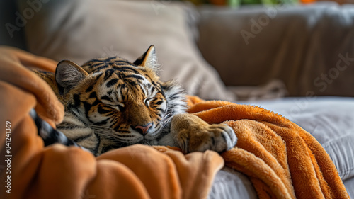 Picture of a tiger being raised in the home Relaxing and sleeping comfortably on the sofa inside the house, it looks like a little kitten, looking warm, comfortable and cute.
