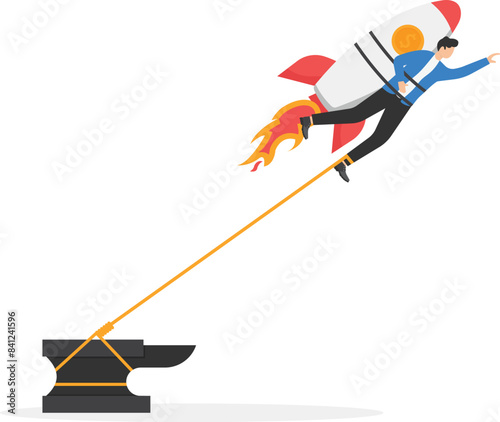 Rocket taking off is chained to anchor holding onto the falling chart. Economic crisis prevents successful launch of business projects. Failed startup. No profit, business failure. Flat vector illustr
