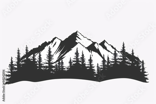 a black and white image of a mountain range with trees photo