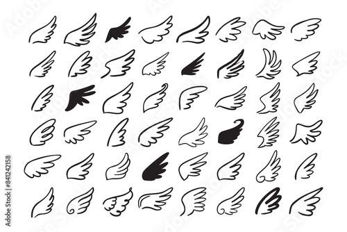 Doodle outline sketch angel wings. Angel feather wing, silhouette. Linear fly winged angels, flying heaven hand drawn doodle vector icons