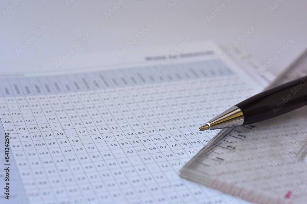 Luxury pen close up shot on spreadsheet table list, blurred background Luxury pen close up shot on spreadsheet table list, blurred background