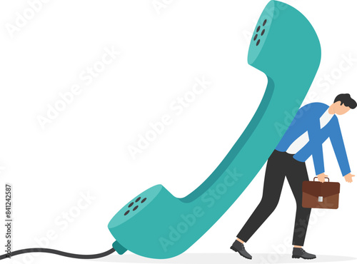 Tired businessman is carrying huge vintage telephone. Burnout, procrastination. Unhappy office manager is exhausted after long and difficult negotiations on phone. Boss talking with employee. vector

