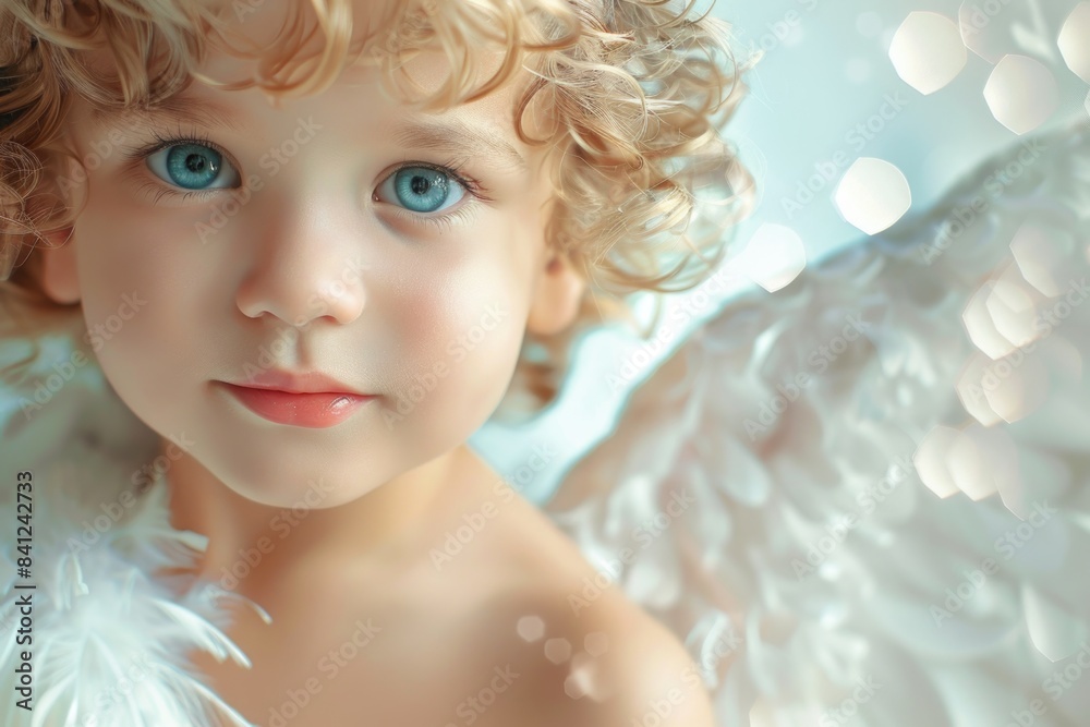 A young child with blonde hair and angel wings, suitable for use in illustrations or design projects A young child with blonde hair and angel wings, suitable for use in illustrations or design projects