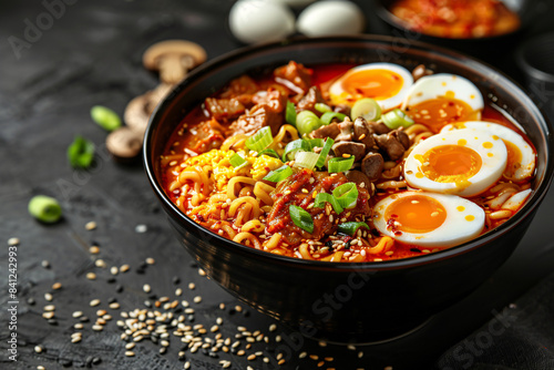 a bowl of ramen with eggs and meat photo