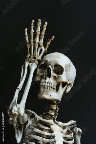 A skeleton holding up a pair of human hands