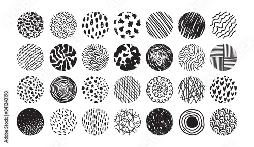 Hand drawn circles doodle texture. Round trendy abstract set black shapes with lines, circles, drops. Hand drawn organic doodle shapes.