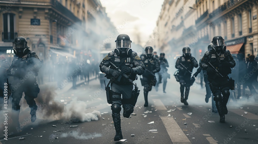 Police officers wearing black body armor and helmets with face masks ran down a street full of smoke from tear gas canons near a small crowd