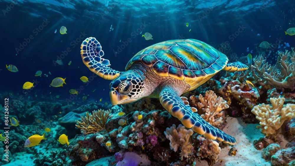 Naklejka premium turtle swimming in a coral reef. 
