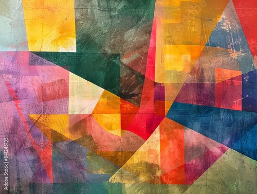 Vibrant Abstract Geometric Painting with Bold Colors and Dynamic Shapes, Perfect for Modern Art Enthusiasts and Creative Design Projects photo