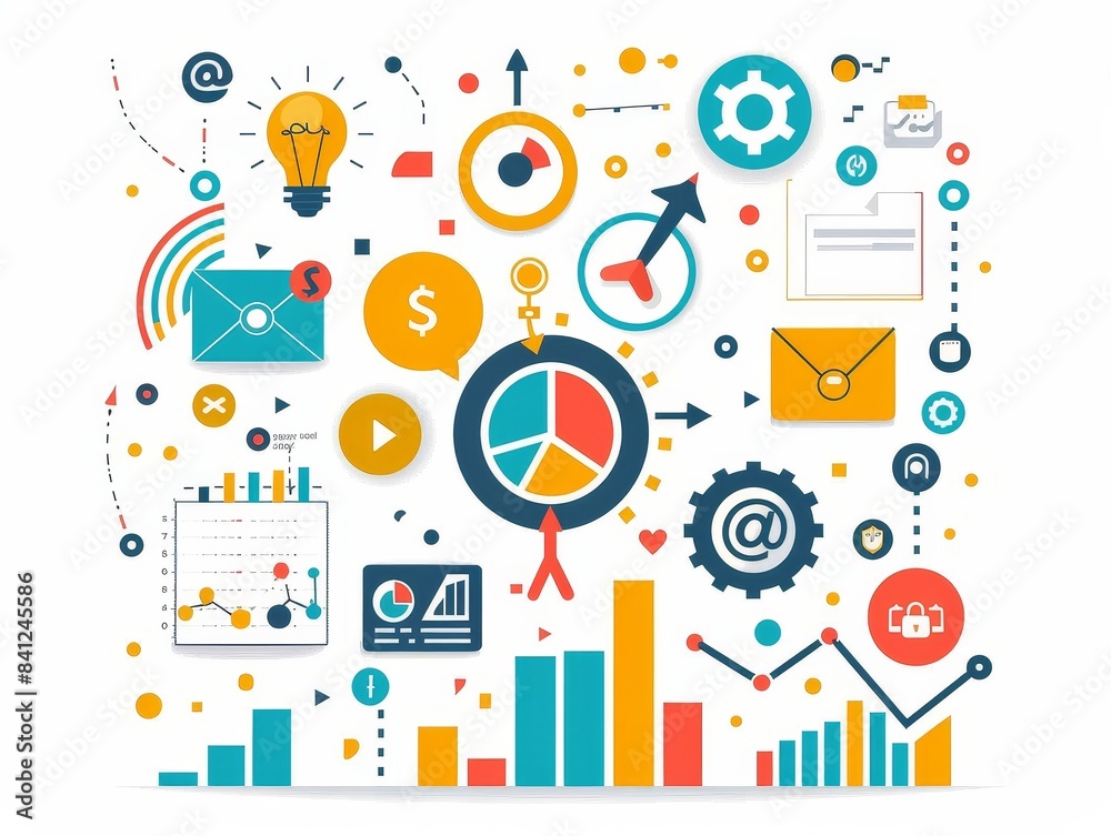 Colorful Infographic Elements with Business and Technology Icons Including Charts, Graphs, Light Bulb, Email, Dollar Sign, and Gear Wheels for Data Visualization and Presentation Design Colorful Infographic Elements with Business and Technology Icons Including Charts, Graphs, Light Bulb, Email, Dollar Sign, and Gear Wheels for Data Visualization and Presentation Design
