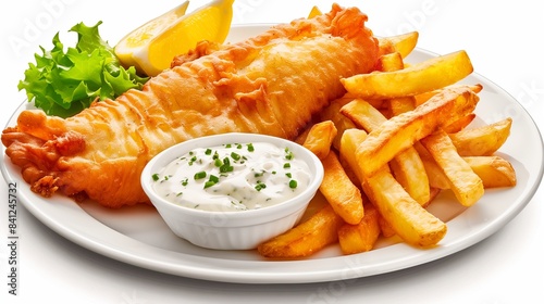 idjourney Bot APP — Yesterday at 7:01 AM A plate of fish and chips with a side of tartar sauce, the fish crisply battered and the chips golden and fluffy, set on a white background.