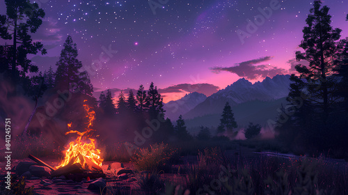 bonfire in an open field surrounded by tall trees with a starry sky and mountains in the background