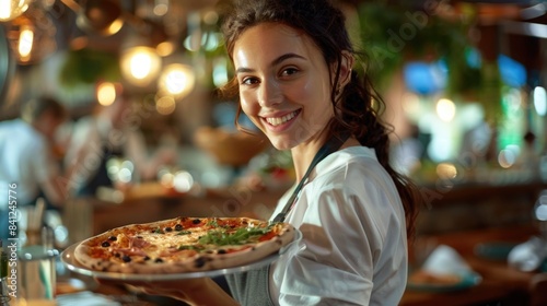 A woman holds a hot pizza in a cozy restaurant setting  possibly waiting for delivery or enjoying a meal with friends