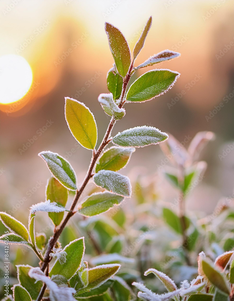 Branches with leaves in frost at dawn Branches with leaves in frost at dawn