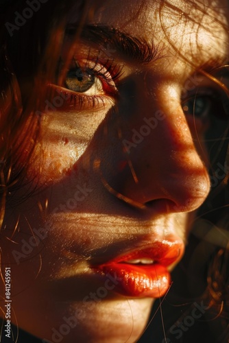 A close-up shot of a woman s face featuring bright red lipstick  suitable for use in beauty and cosmetics promotions