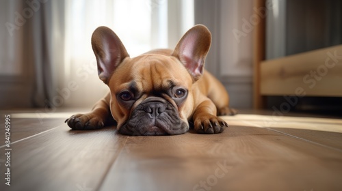 Tired and sleepy french bulldog lying against the floor. © May