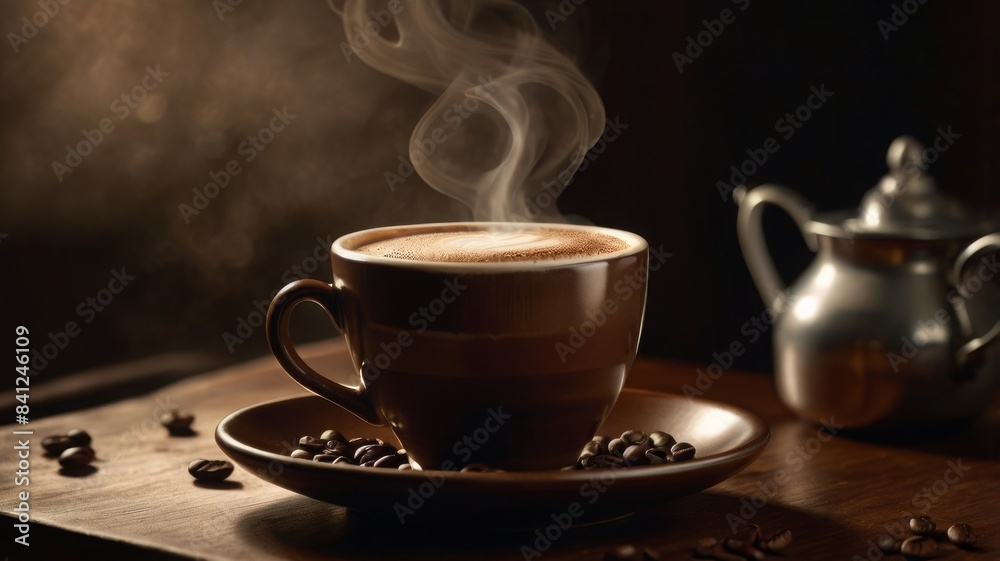 Cup of hot coffee and coffee beans on the table Cup of hot coffee and coffee beans on the table