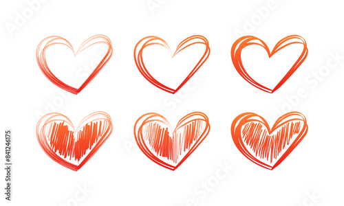 Hearts set icons untidy drawing. Pencil drawing. Linear and Flat. Vector icons.