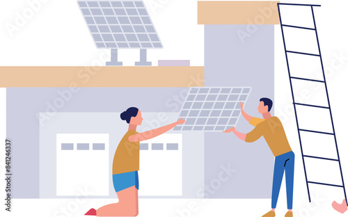 A girl and a boy are installing solar panels on the roof.