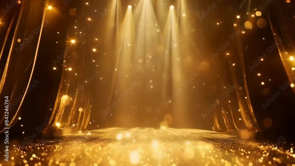 Stage opening golden stage glitter animation, spotlights and luxury gold light streak. Particle luxury for ceremony background
