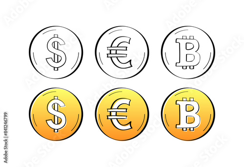 Money Set Icons. Coin Icons. Linear and flat styles. Vector icons.