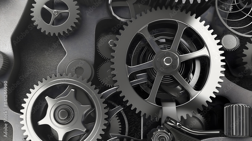 Abstract background with gear and watch parts, black and silver color scheme, metallic texture, detailed closeup of the mechanical elements Abstract background with gear and watch parts, black and silver color scheme, metallic texture, detailed closeup of the mechanical elements
